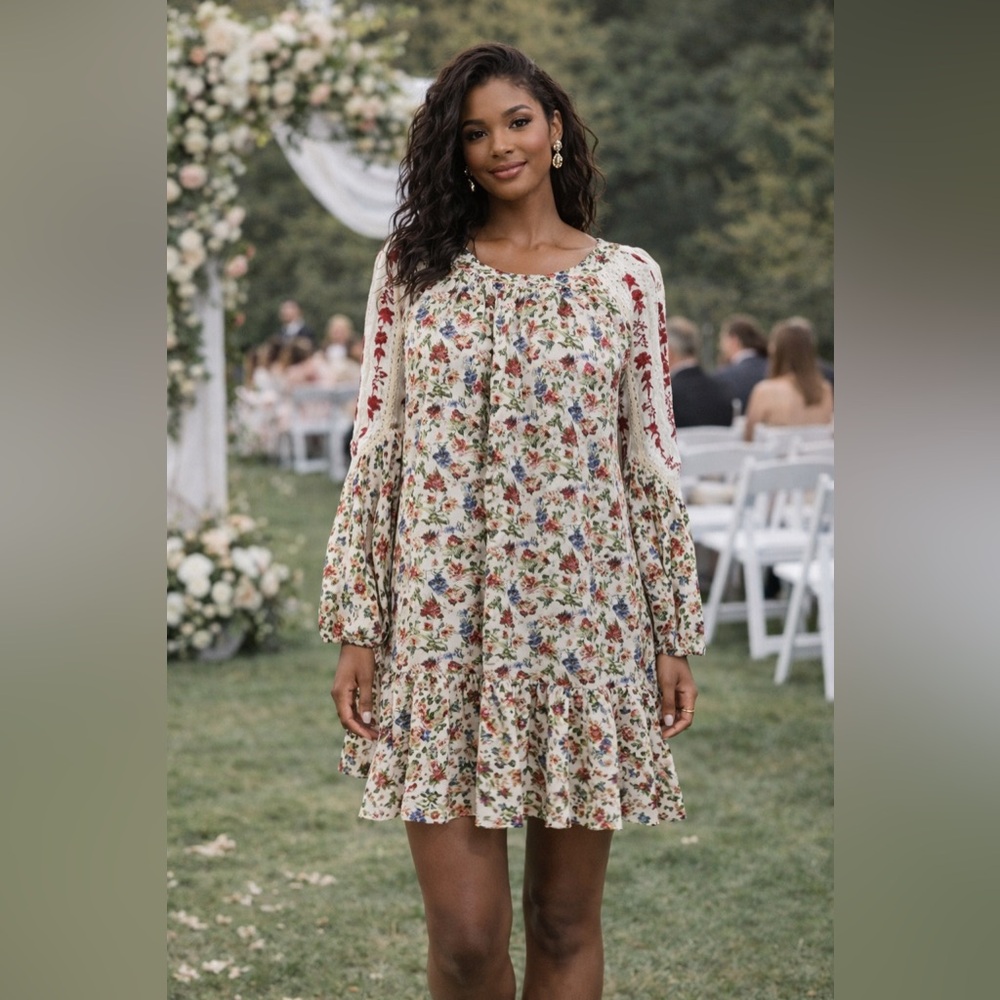 Entro Cream Floral Boho Dress Medium Lace Sleeve Ruffle Hem Romantic NWT